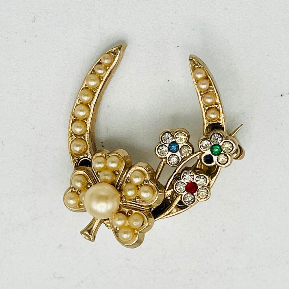 Vintage Gold Tone Horseshoe Four Leaf Clover Brooch Faux Pearl Rhinestone Flower